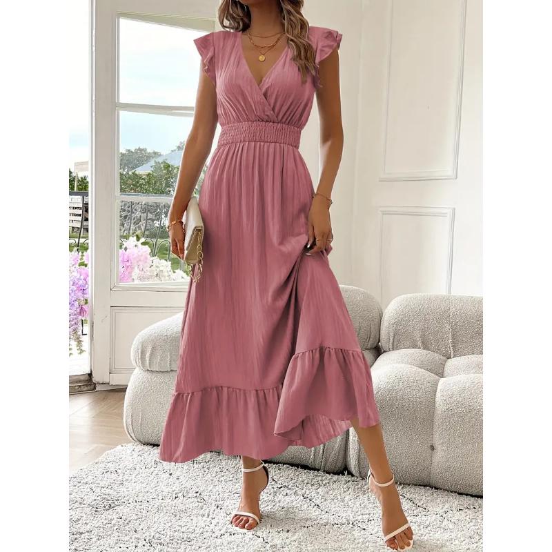 Women's Summer V-Neck Ruffle Short Sleeve Maxi Dress Shirred Elastic Waist Flowy Casual Beach Vacation Sundress