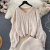 V-neck sweater women's two-piece set autumn and winter new lazy wind twist design loose knitted sweater set