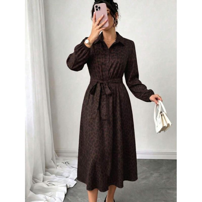 European and American elegant autumn lace-up design lapel long-sleeved button print medium and long dress women XS