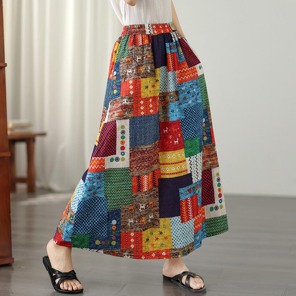 DIMANAF 2026 Estate Spiaggia Taglie Forti Gonna Lunga Donna Vita Elastica Ampia Casual Pantaloni Bassi Stampa Vintage