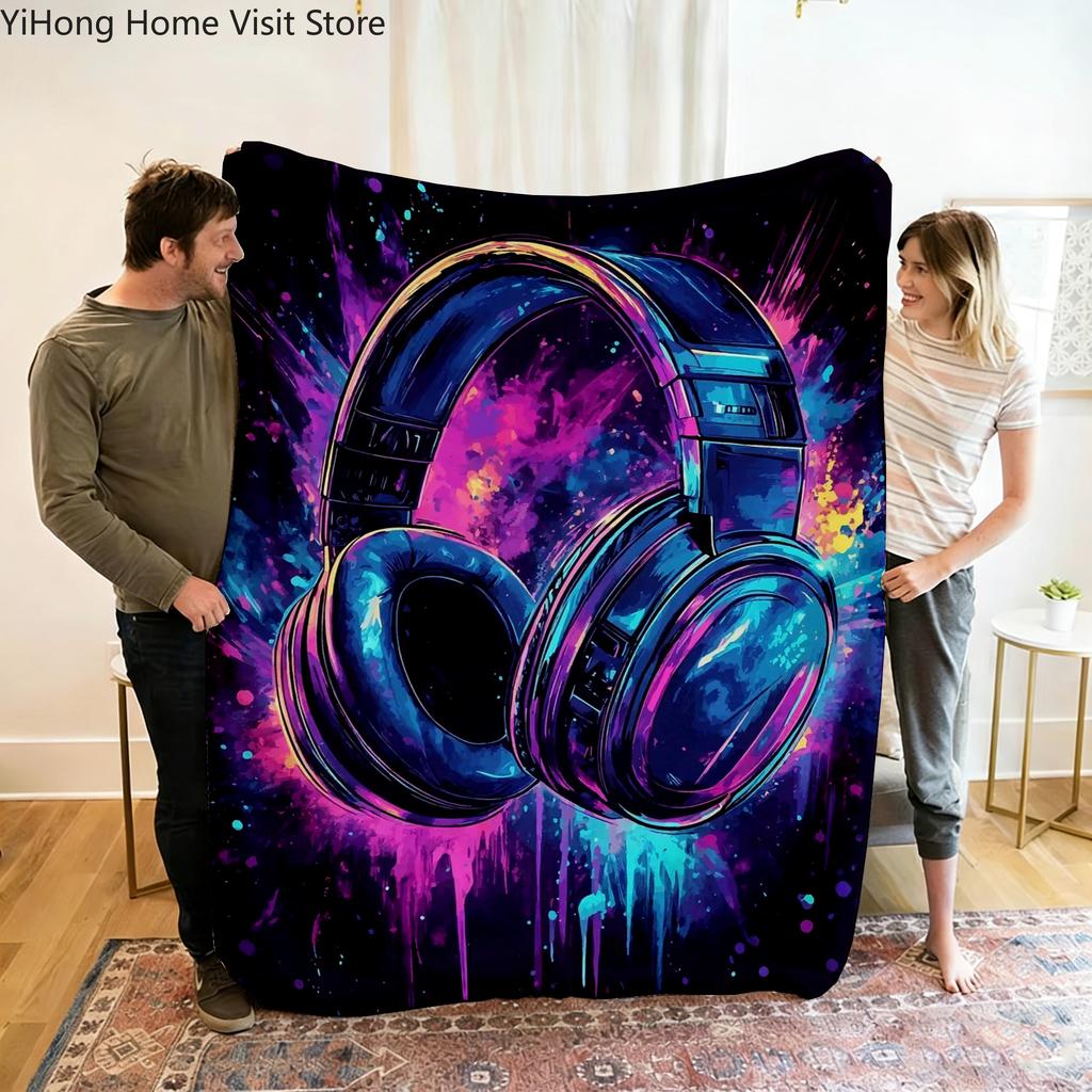 Live Music Neon Headphones Printed Flannel Blanket Perfect for Sofa Office Bed Travel Sleep Read Relax Camping Four Season Use