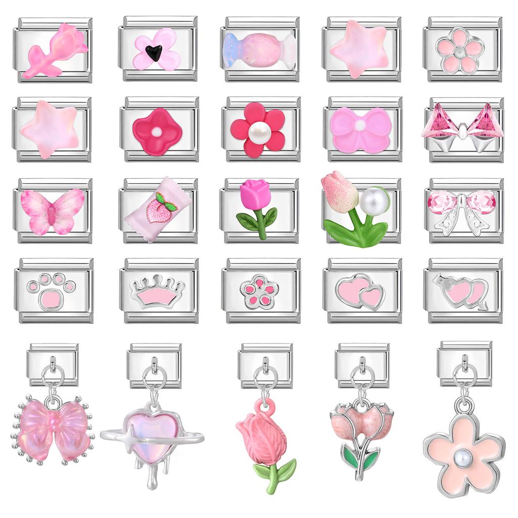 Sweet Pink Flowers Butterfly Tulip Bow Knot Heart Italian Charm Links Fit 9mm Bracelet Stainless Steel Men Women DIY Making Gift