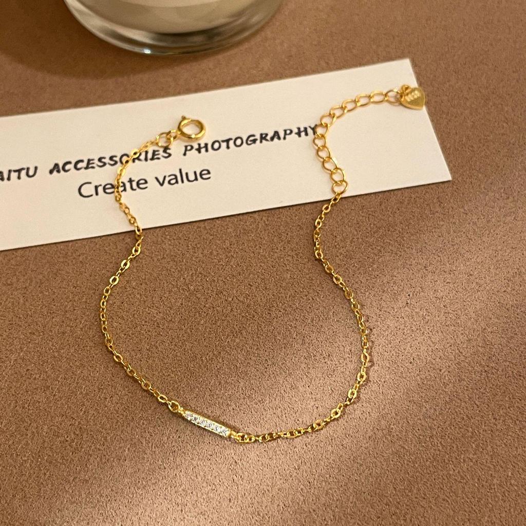 S925 Sterling Silver Diamond Inlaid Bar Bracelet, 18K Gold Plated, Mori Style, Thin and Simple Design for Women.