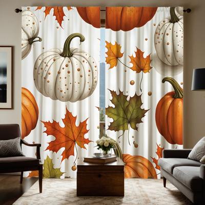 2pcs HD Harvest Festival White Pumpkin Red Maple Leaf Decorative Curtain White Tie Digital Printed Curtain Home Decoration St