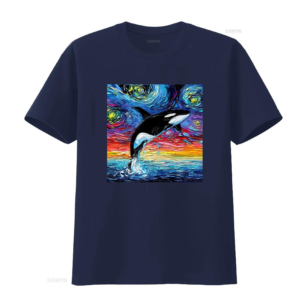 Vibrant Orca Killer Whale Starry Night Ocean Art T Shirt Vintage Washed Streetwear Stretched Casual Versatile