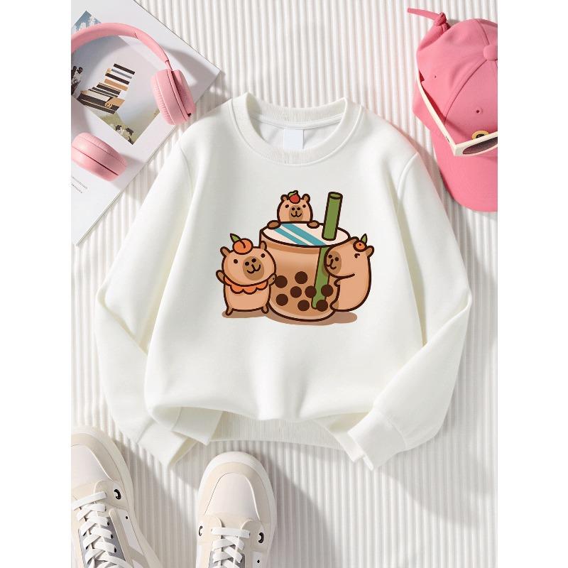 Kids Sweatshirt , Crew Neck Fashion Top, Fun "Cute Bear Bubble Tea" Patterned Sweatshirt, Suitable for Everyday Casual Wear