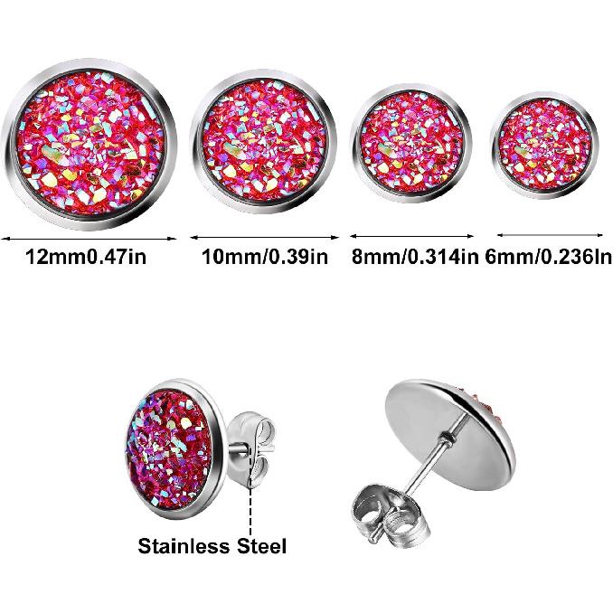 Hicarer 32 Pairs Round Druzy Stud Earrings Bohemian Round Stud Stainless Steel Pierced Earrings Jewelry for Women Graduation Gift