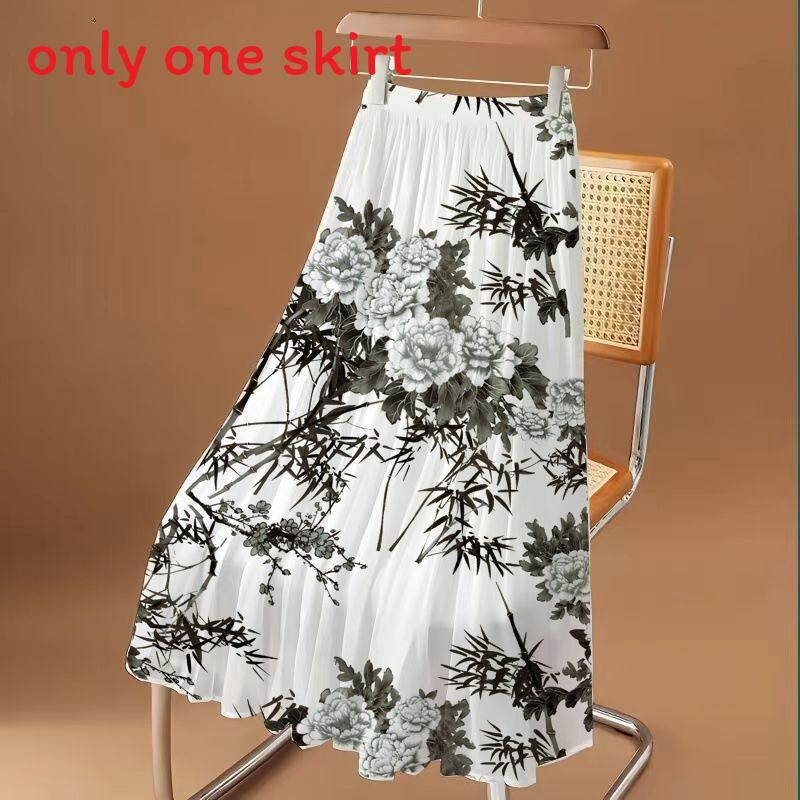Abstract Ink Brush Printed Midi Skirt With Stretch Fabric For Plus Size Women