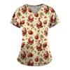 Ladies' Fashionable V-neck Pocket Short Sleeved Christmas Tree Printed Caregiver Shirt