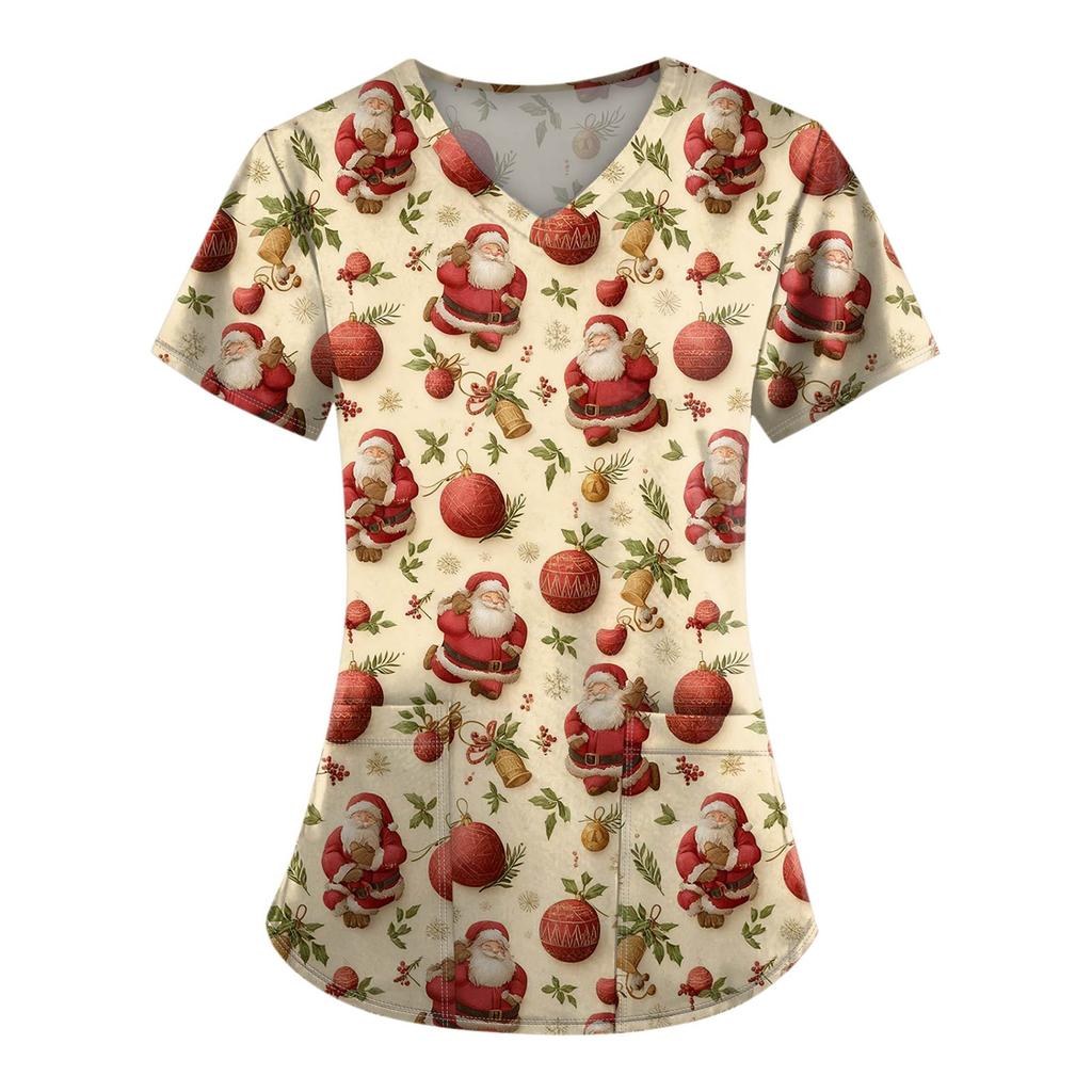 Ladies' Fashionable V-neck Pocket Short Sleeved Christmas Tree Printed Caregiver Shirt