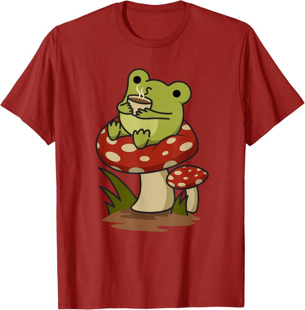 Cute Frog Drinking Coffee on Mushroom Cottagecore Aesthetic Graphic Tee Casual Cotton T-Shirt