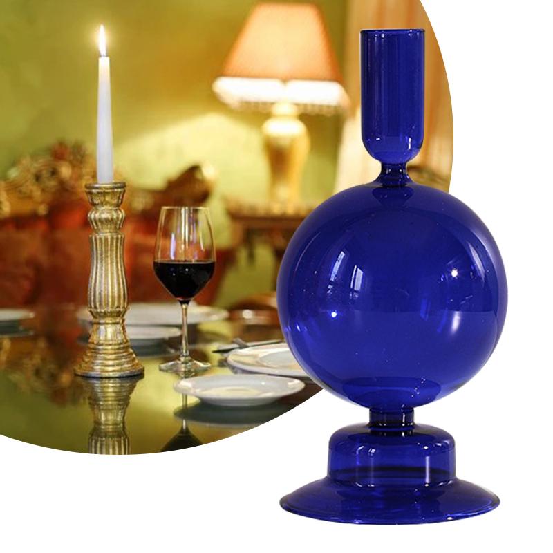 Porta Velas De Vidrio En Colores Ancho - Azul - Buho Store