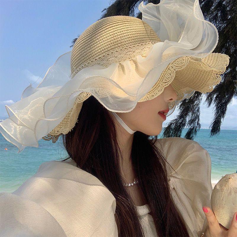 French Lace Bow Straw Hat Women's Summer Big Brim Sunshade Sunscreen Hat Seaside Beach Vacation Sun Hat