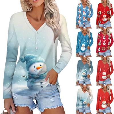 Damenmode Lässig Langarm Weihnachten Bedruckt V-Ausschnitt Knopf Oberteil