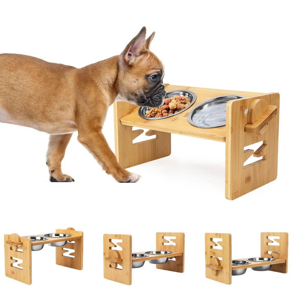 Premium 6 Gears Adjustable Pet Bowl Stand Stainless Steel Bowls Double Bowl Dog Cat Food Bowl Bamboo Sturdy Elevated Feeder Cats