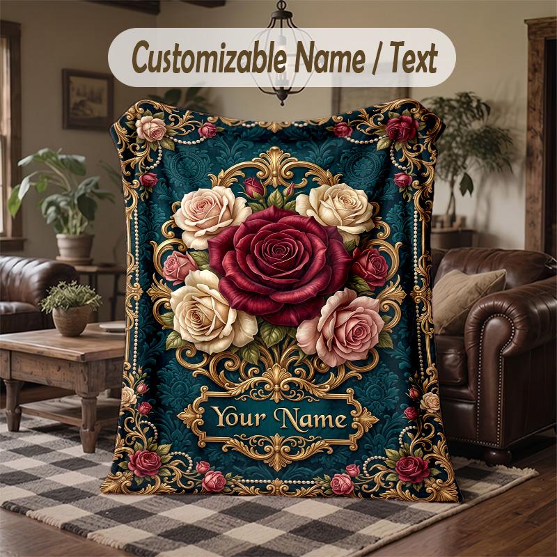Elegant Floral Mandala Theme Throw Blanket Custom Name Text Personalized Blanket Soft Cozy Blanket for Home Sofa Bed
