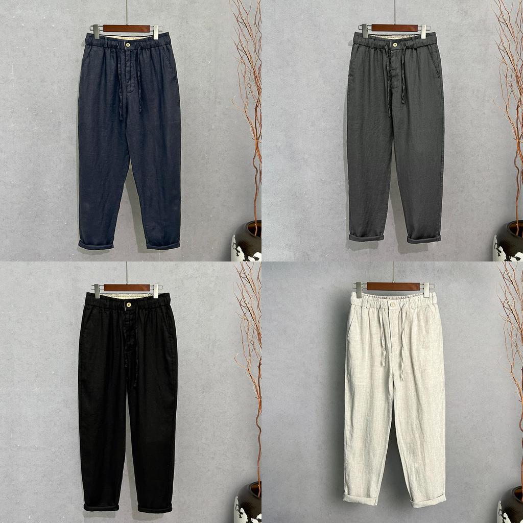Pure Linen Mens Casual Pants With Water Wash For Summer Comfort