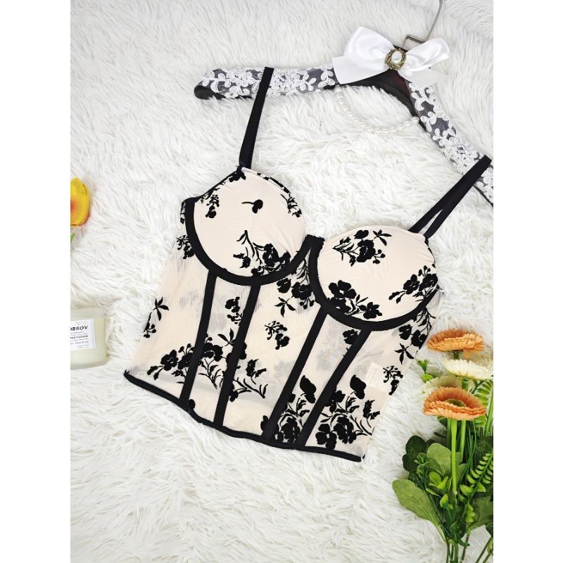 Women's Floral Embroidered Mesh Corset Underwire Push Up Bustier Crop Sexy Spaghetti Strap Bodysuit for Night Out