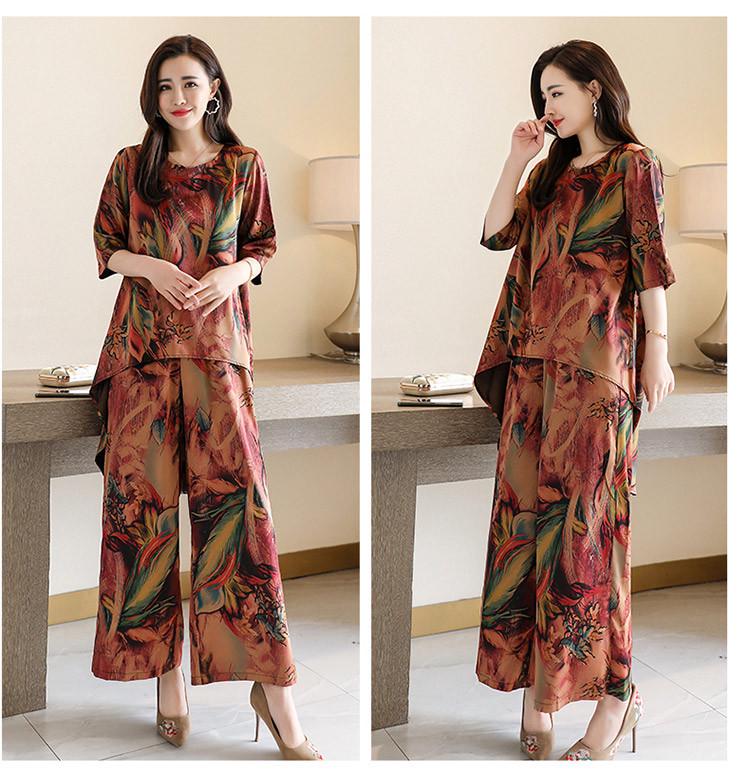 2024 Sommer Damen Retro Print Zweiteiliger Anzug: Modische Bluse mit lockerer Passform und Hose mit weitem Bein