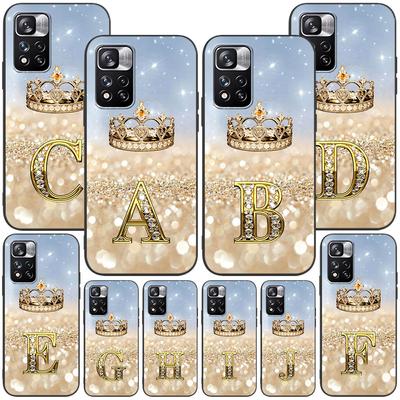 Letters A To J Gold Crown Diamond Case for Xiaomi Redmi Note 11 10S 8T 10 12 Pro Plus 11T 8 9 11E 11S 9S Soft Black Phone Cover