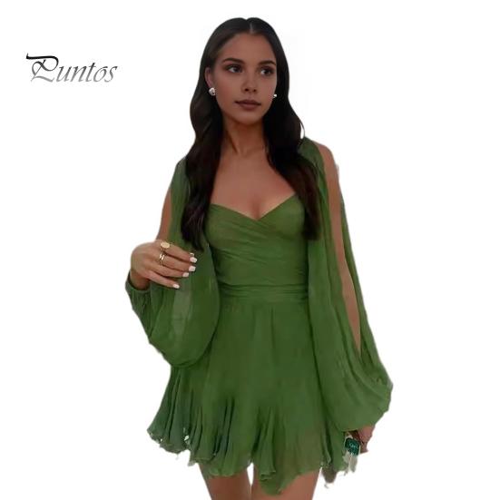 

Вечернее платье с длинными разрезами и рукавами-фонариками. Леопардовый принт. Низкий вырез. V-образный вырез. Оборка. Узкая талия. S зелёный