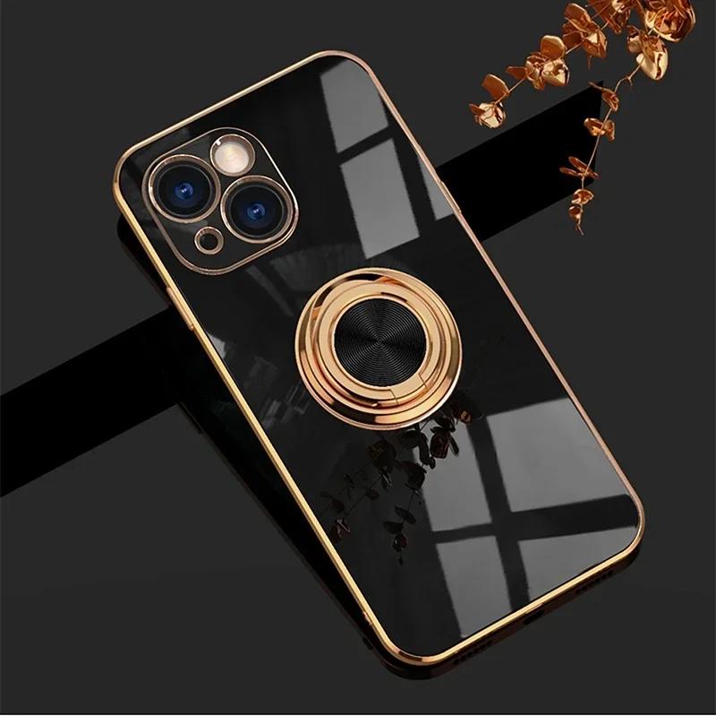 

Luxury 6D Plating Soft Case For iPhone 17 Air 16 15 14 13 12 11 Pro Max Plus 8 X XS XR Phone Ring Holder Stand Protective Cover iPhone 15 Pro Max чорний