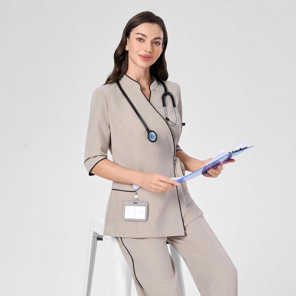 Medizinisches Kasack-Set für Damen mit schrägem Frontverschluss und Seitenstreifen-Design