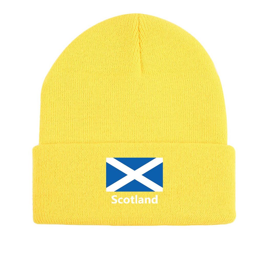 Flag of Scotland Print Knitted Cap Beanie, Patriotic Woman Cap Stretchy Autumn Unisex Pompom Beanies Knit Cap Beanie