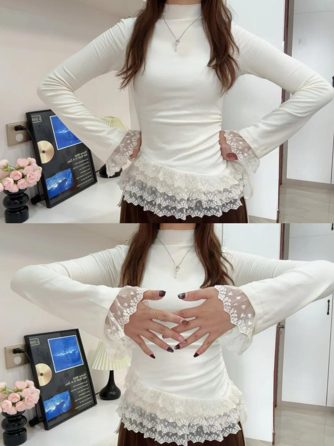 

Женский приталенный топ с высоким воротником и кружевной отделкой по низу, с длинным рукавом, для весны и осени Large абрикосовый