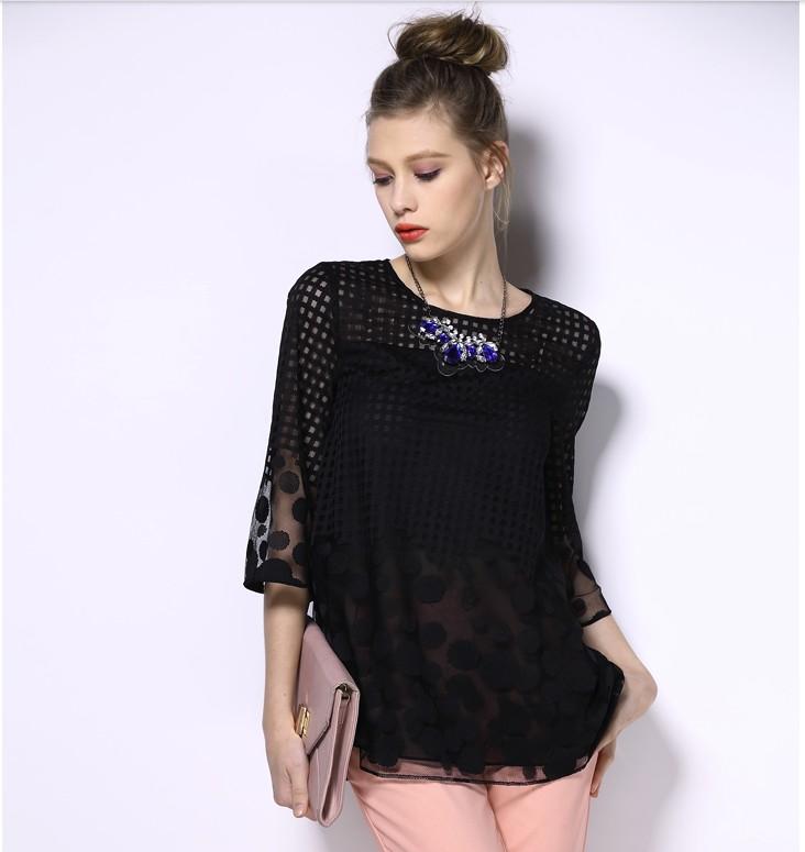 Summer Plus Size Three Quarter Sleeves O Neck Loose Women's Top Mesh Dot Lace Shirts Black Blouse Shirt Lace Women Clothes