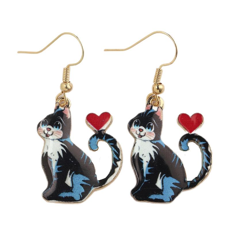 Fashion Cartoon Oil-dripping Printed Animal Cat Heart-shaped Dangle Earrings for Women Cute Kitten Jewelry Accessories Gifts