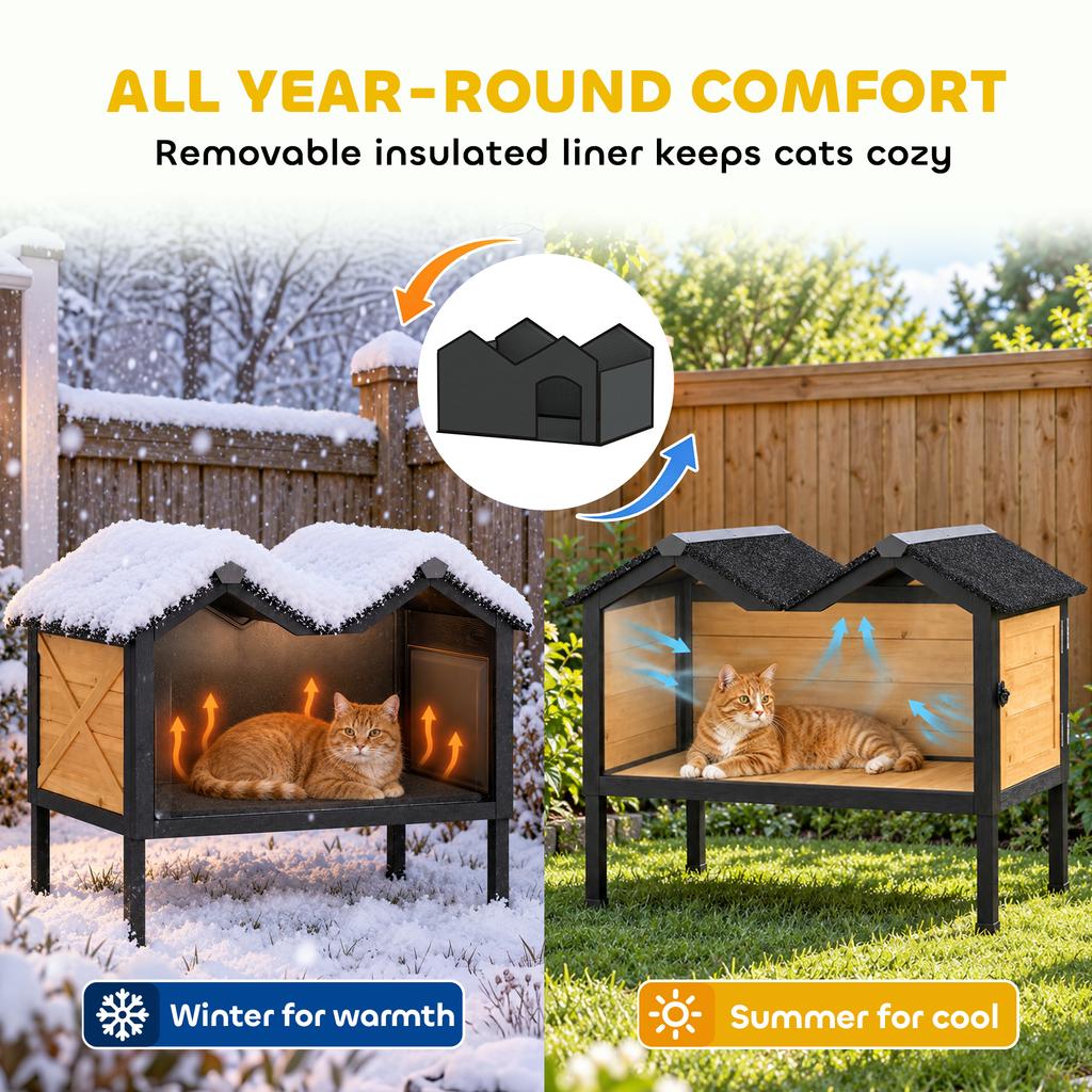 Wooden Cat House Outdoor Indoor with Weatherproof Asphalt Roof, Side Cleaning Door, PVC Curtain
