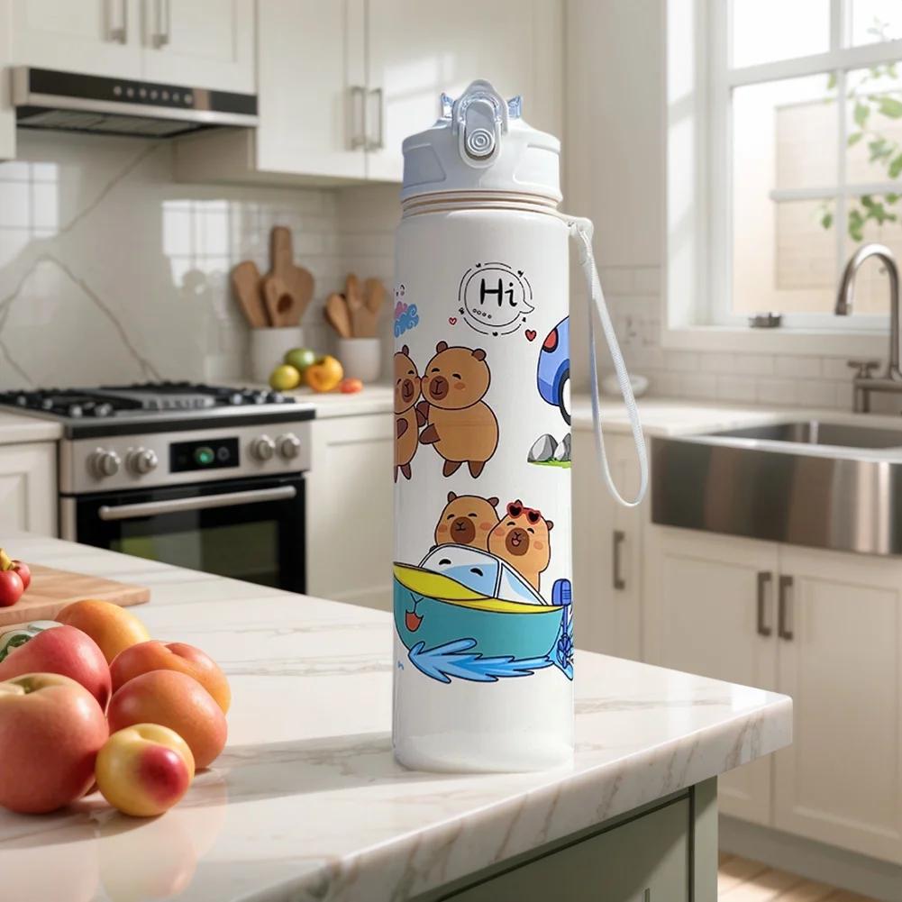 800ml Capybara Insulated Water Bottle W/ Straw & Handle Sport Portable Drinking Bottle Travel Water Cup for Boys Girls Daily Use