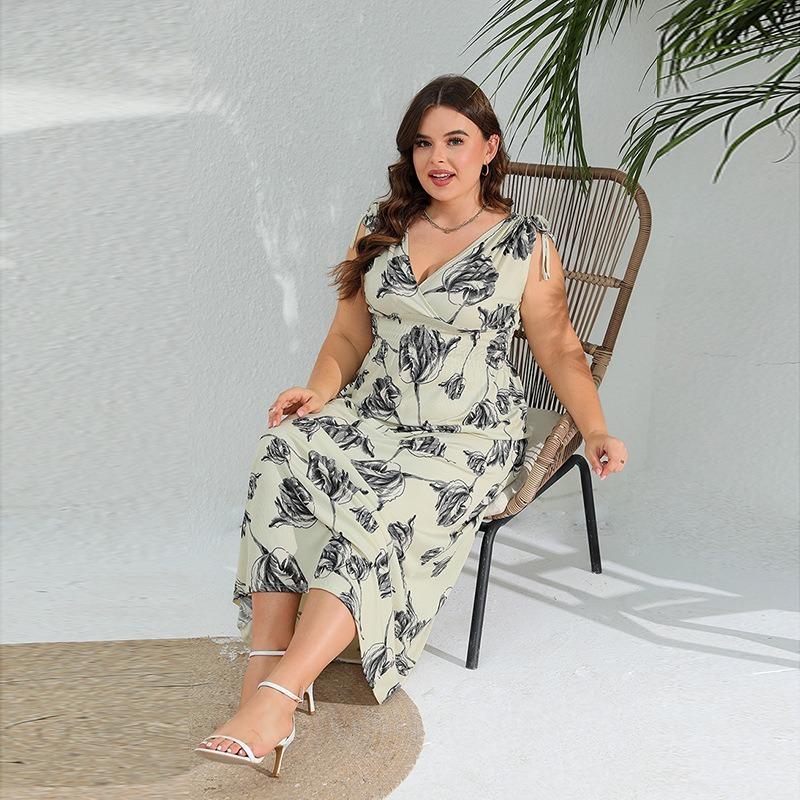 Vintage V-Neck Dress Sleeveless High Waist Dress for Women Summer Printed Dress Plus Size Tie Up Dress Loose Casual Versatile Dress Oversized Dress