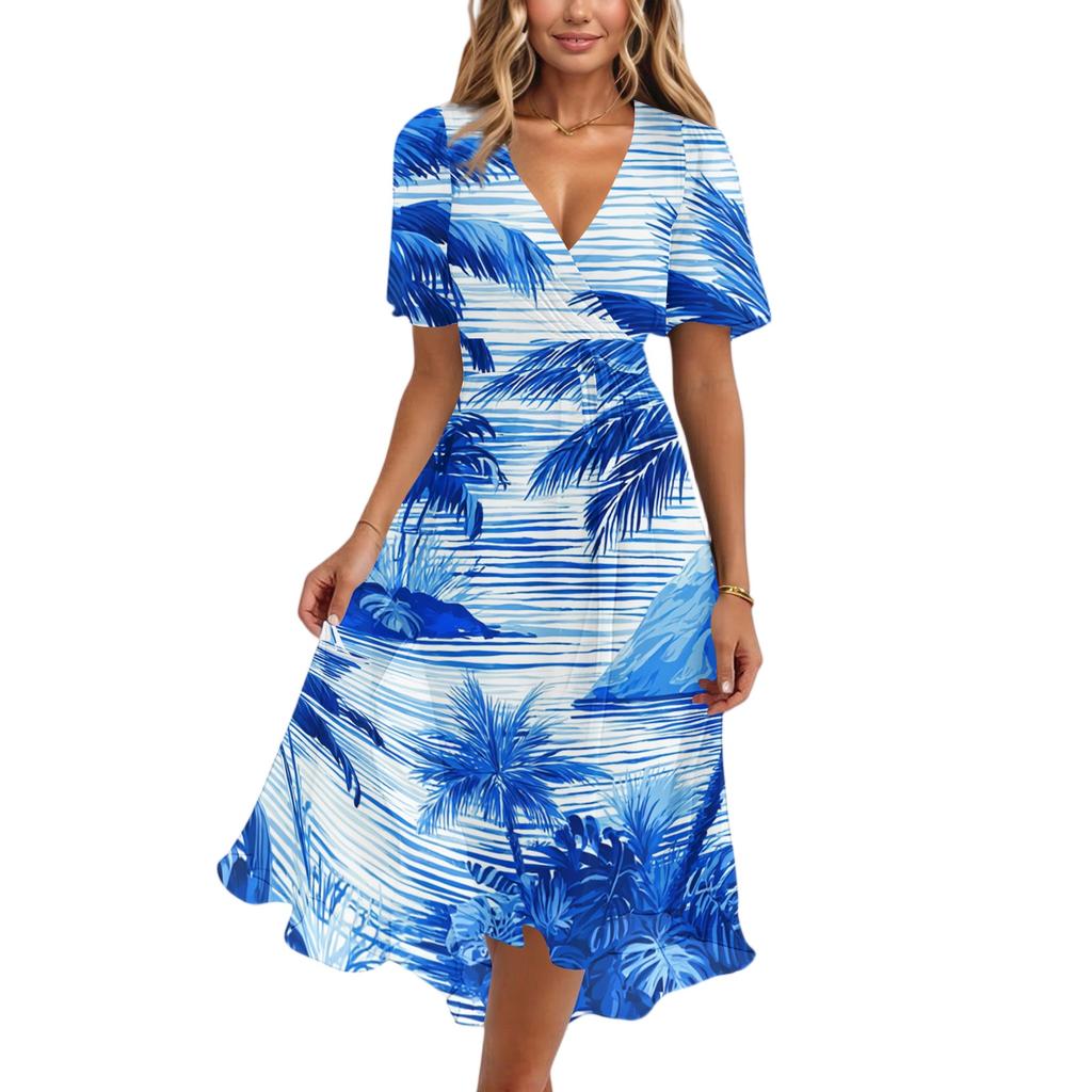 Women V Neck Short Sleeve Casual Dress Hawaiian Print Midi Length Summer Beach Dress with Flowing Skirt