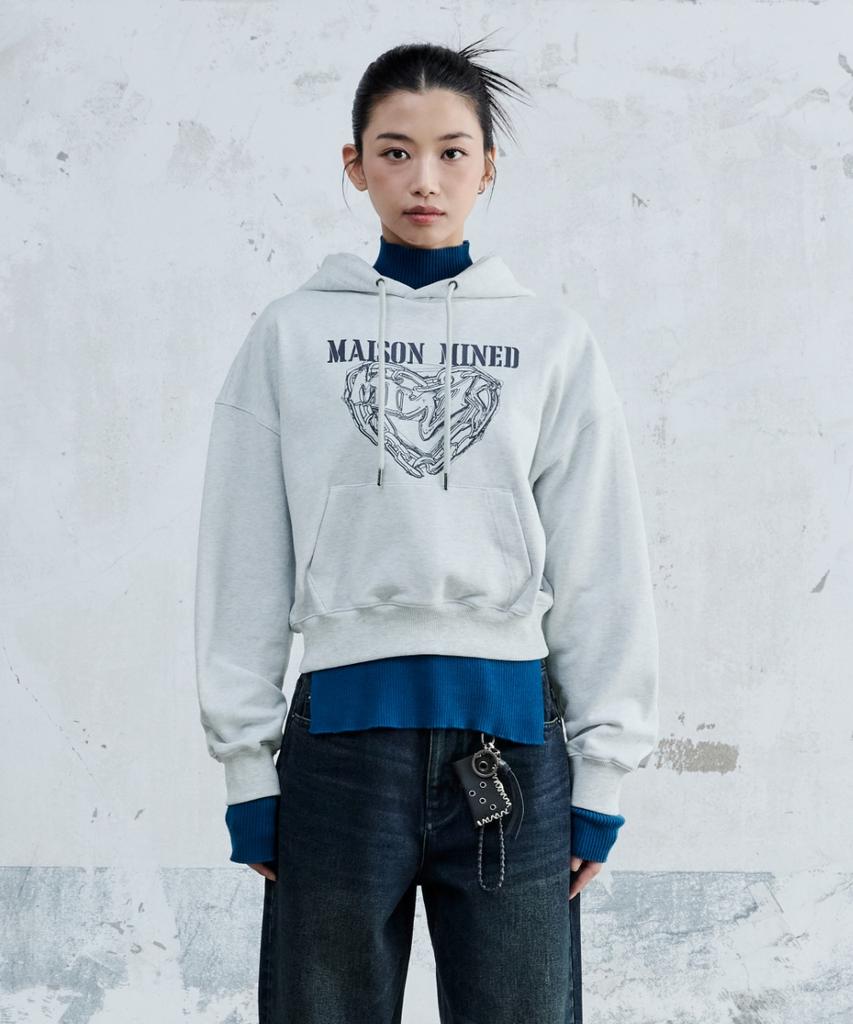 (W) Doodle Heart Crop Hoodie Melange White