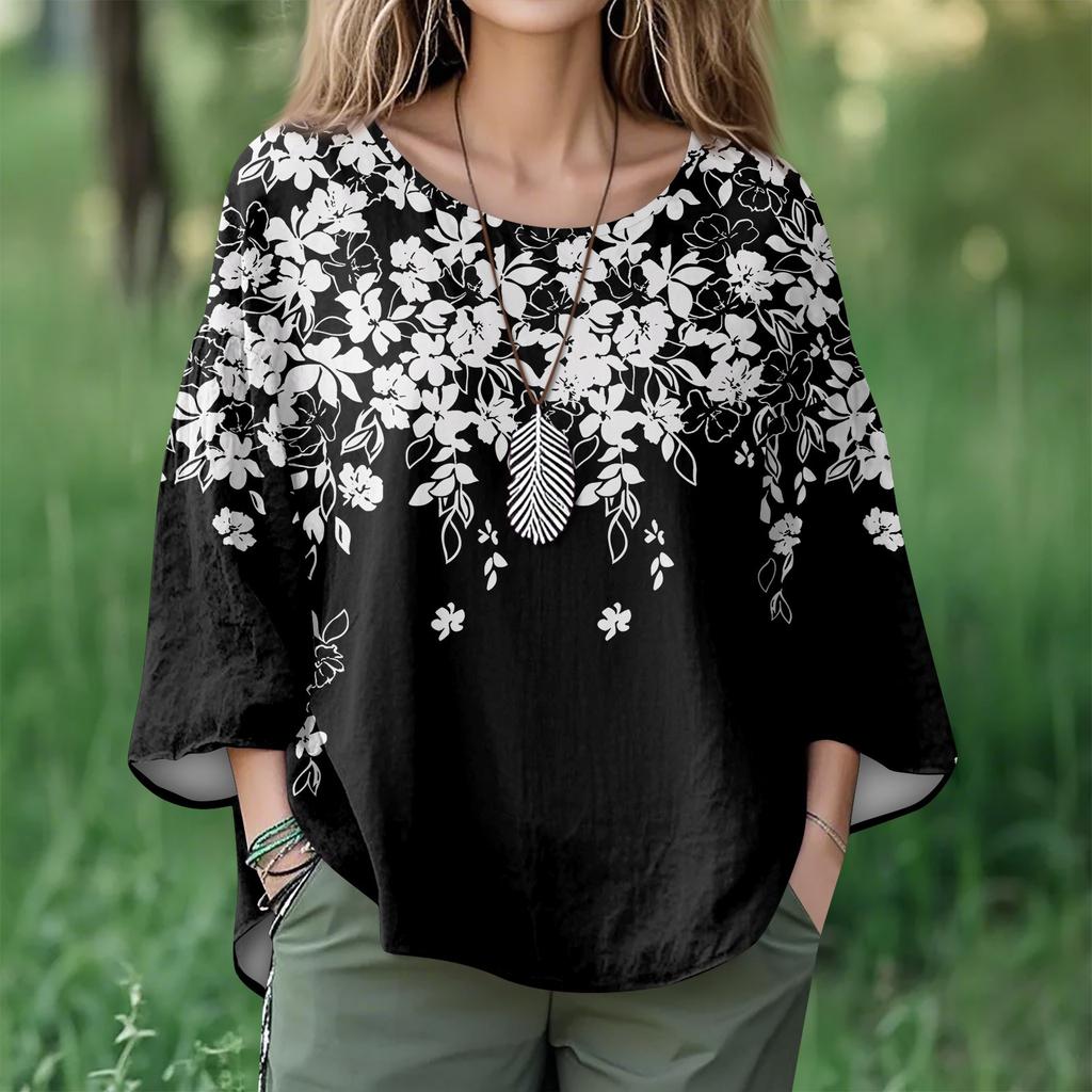 Summer Tops For Women Cute O Neck 3/4 Sleeve Blouses Floral Print Top Casual Shirts