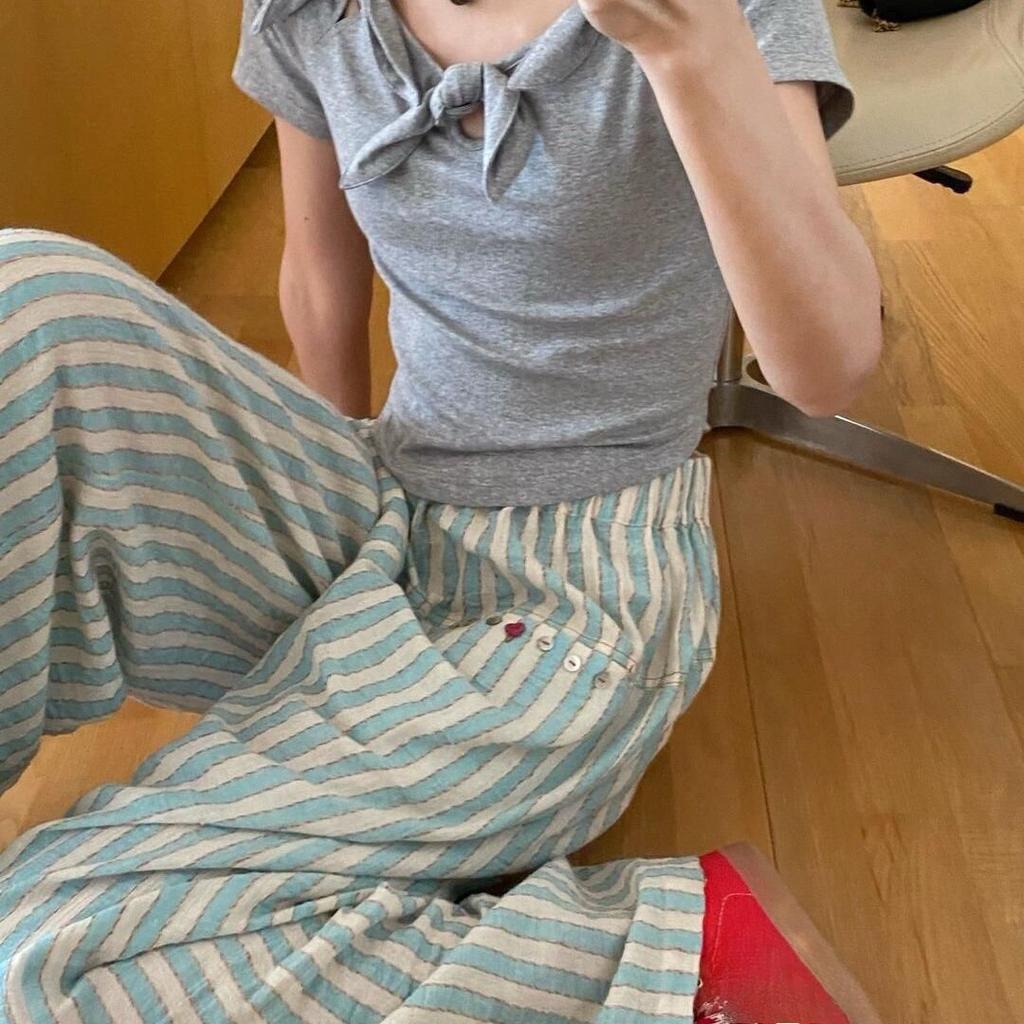 Cotton and Linen Striped Pants for Women In Summer Thin Casual Loose Straight Leg Pants Wide Leg Pants for Strolling