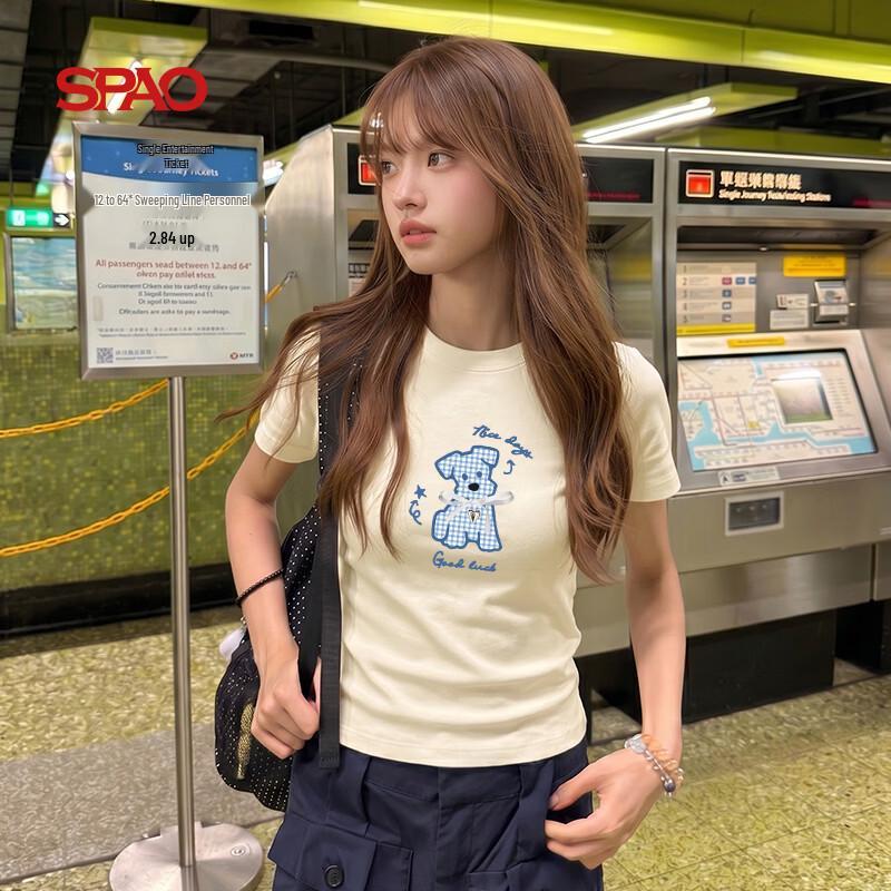 SPAO Women s Slim-Fit Plaid Puppy Round Neck T-Shirt M