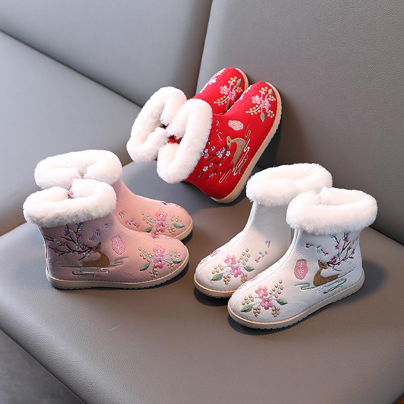 Girls Ethnic Style Embroidery Large Size Thick Bottom Winter Warm Fur One Snow Boots Thickened Lined Ankle Boots Non-slip Hiking Sports Cotton Boots