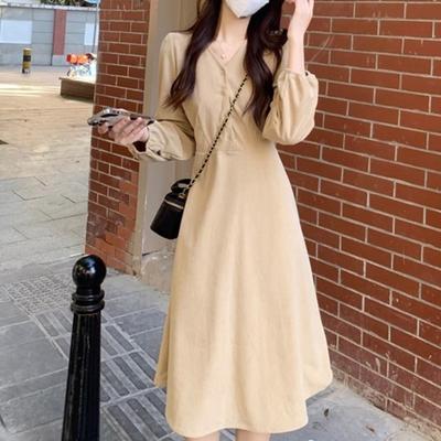 Damen Frühling Französischer Stil Retro V-Ausschnitt Träger Taille Schlankmachend Qualität Cordkleid
