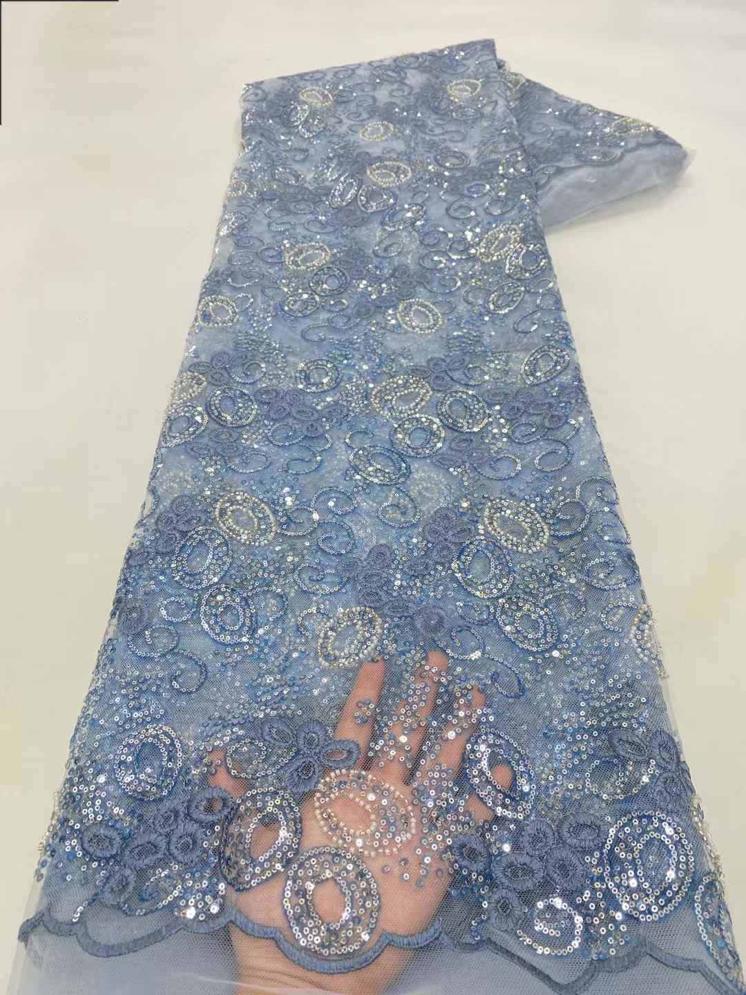 

Blue African Tulle Lace Fabric 2025 French Net Sequins Fabric Sewing Embroidery With Groom Lace Tulle Mesh Nigeria Party Dress 5 yards&120cm
