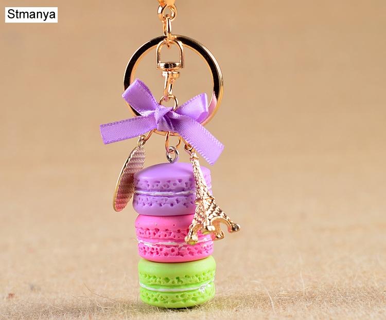 Neuer Kuchen Schlüsselanhänger Mode Auto Schlüsselanhänger Damen Tasche Anhänger Zubehör Frankreich Kuchen Macarons mit Eiffelturm Schlüsselanhänger Geschenk Schmuck