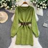 Autumn Winter Women Elegant O-neck Knitted Sweater Chic Mini Short Straight Pullover Dresses with Belt