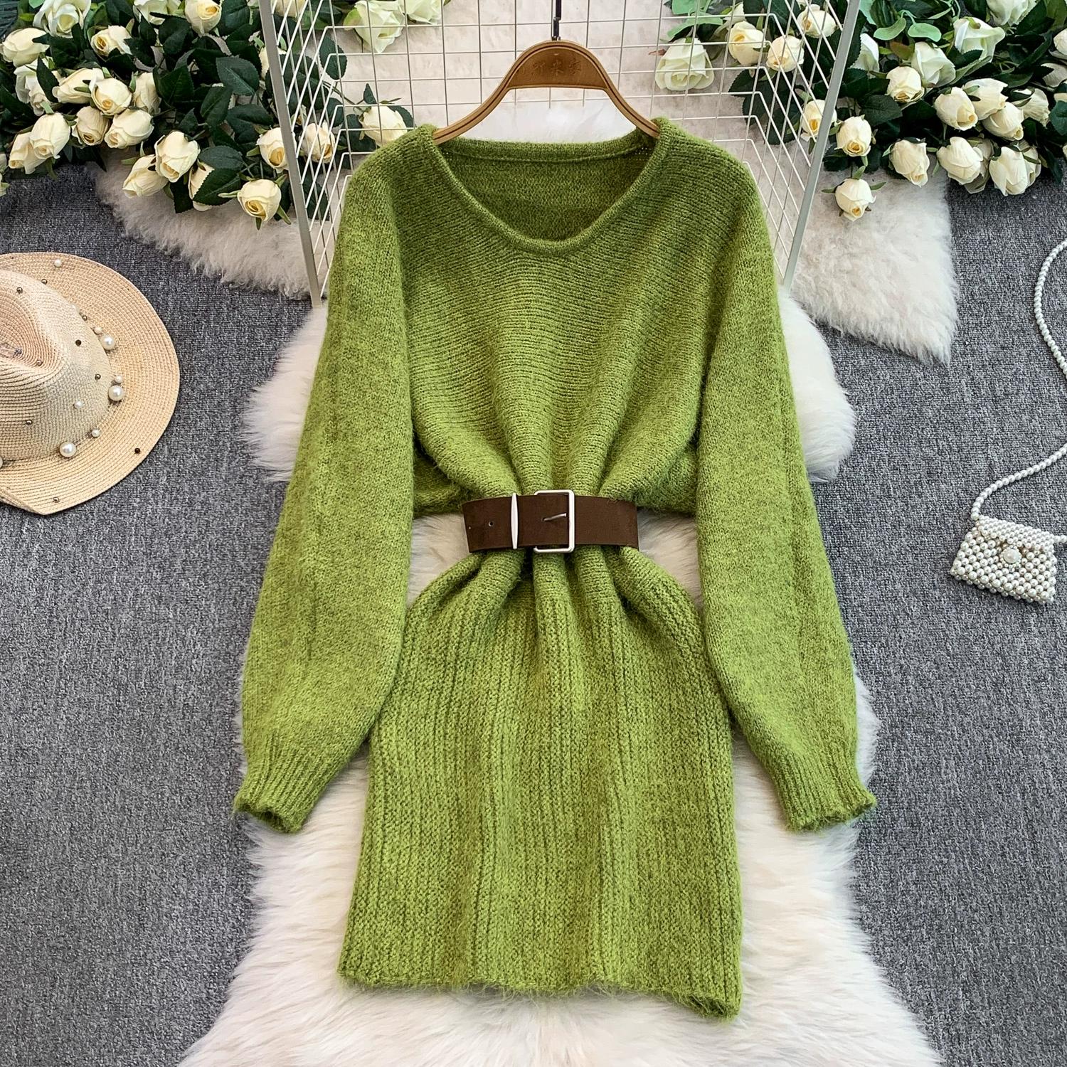 

Осень Зима Женский Элегантный Вязаный Свитер с Круглым Вырезом Шикарные Мини Короткие Прямые Платья-Пуловеры с Поясом One Size зелёный