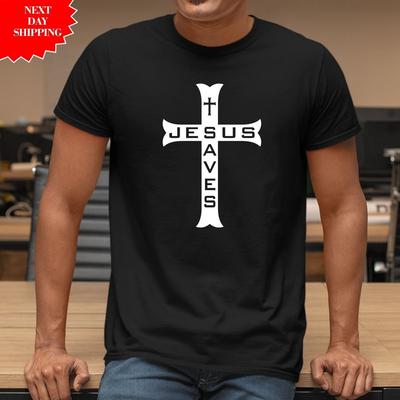 Jesus Saves Cross T Shirt Printed Christian Christianity 100% Men Cotton Tee Top