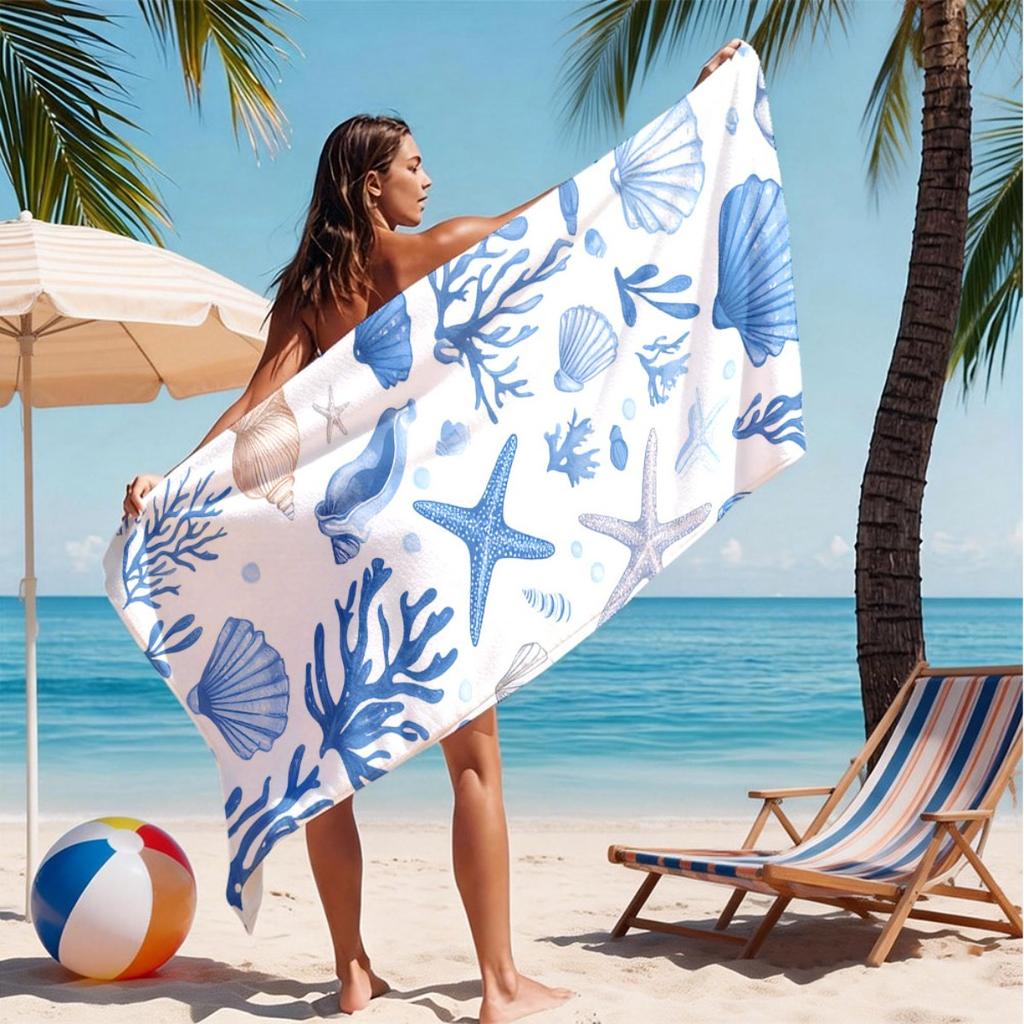 Nautical Sea Shell 2D Flat Printed Microfiber Beach Towel Waterproof Sandproof Summer Vacation Pool Bath Blanket Gift