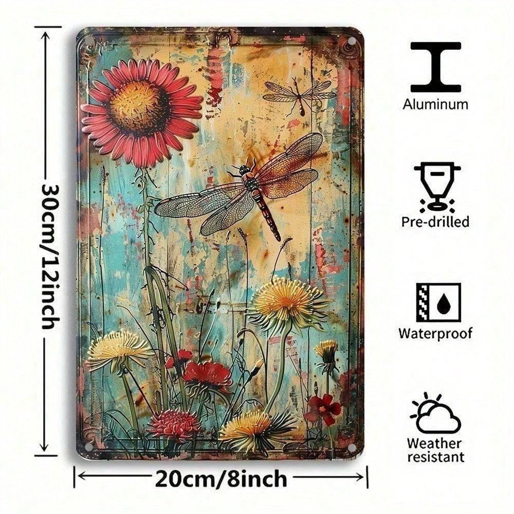 Vintage Wildflower Dragonfly Metal Wall Art 8x12 Inch Rustic Iron Hanging Decor for Home Garden Patio Cafe Bar Indoor Outdoor