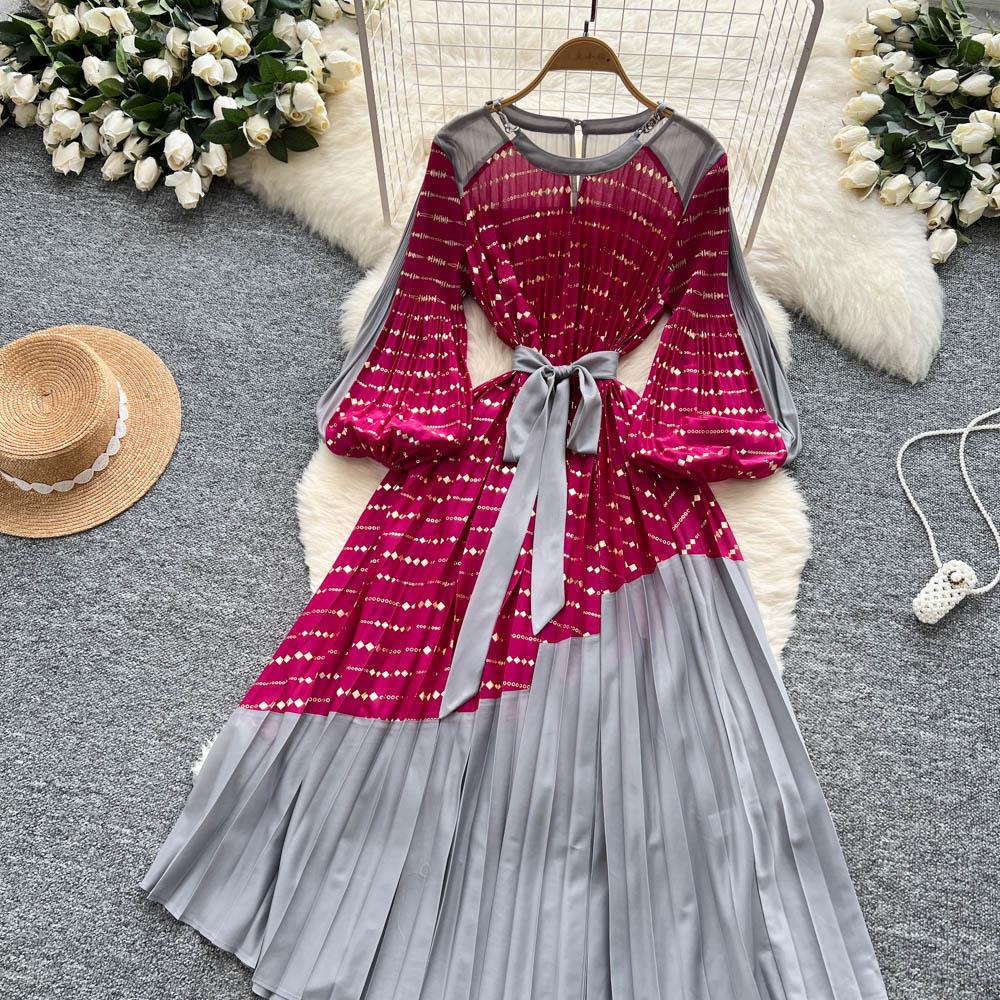 Vintage Elegant Spliced print slim Dress Korean Fashion Long dress hotsweet Women Fashion Dresses