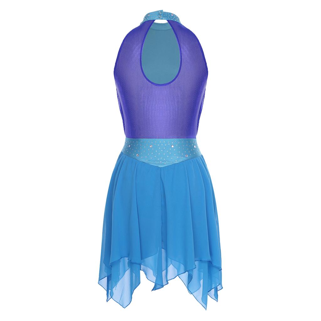 Dámské lyrické taneční šaty s kamínky a metalickou síťovinou, řasený bez rukávů s holými zády, leotard se všitými kalhotkami pro krasobruslařské vystoupení